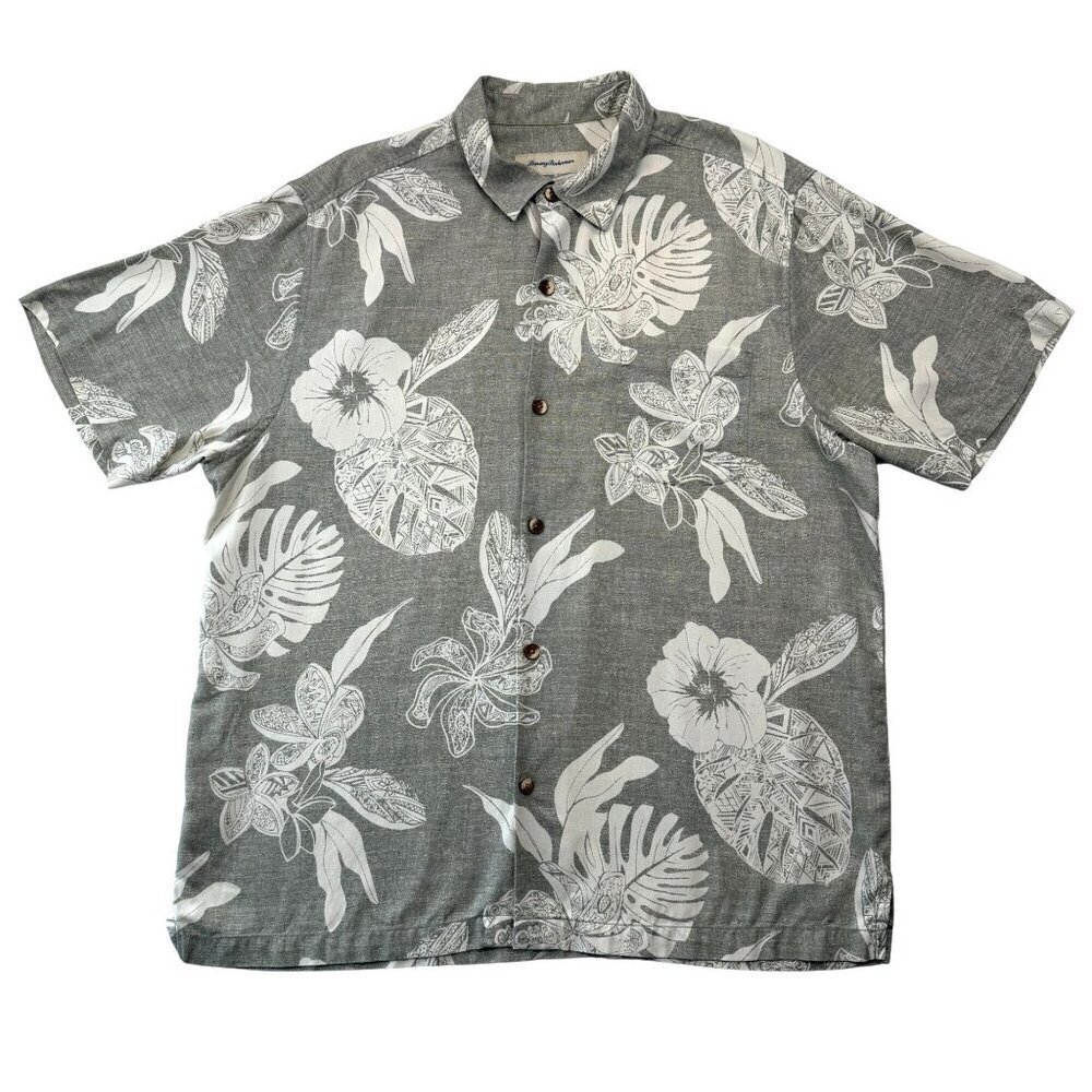 Tommy Bahama Silk Hawaiian Camp Shirt Tropical Retro Floral Beach Travel Mens L